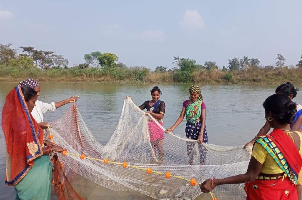 तालाब में कुछ महिलायें_मछली पालन