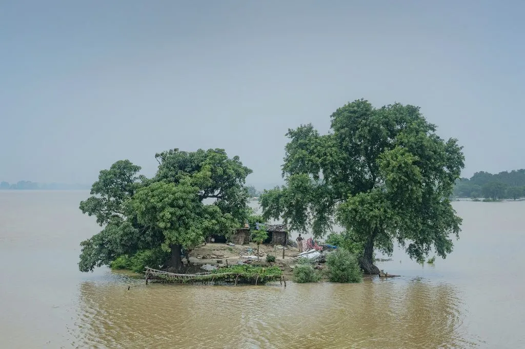 बाढ़ में डूबे घर और पेड़_बाढ़ प्रबंधन