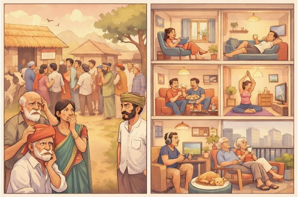 ग्रामीण जीवन की कठिनाइयों और शहरी जीवन की सुविधाओं व आराम के बीच का अंतर दिखाता चित्र_चुनाव