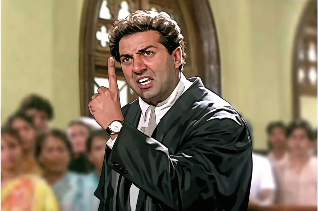 फिल्म दामिनी में सनी देओल का "तारीख पे तारीख" वाले सीन की एक तस्वीर_चुनाव