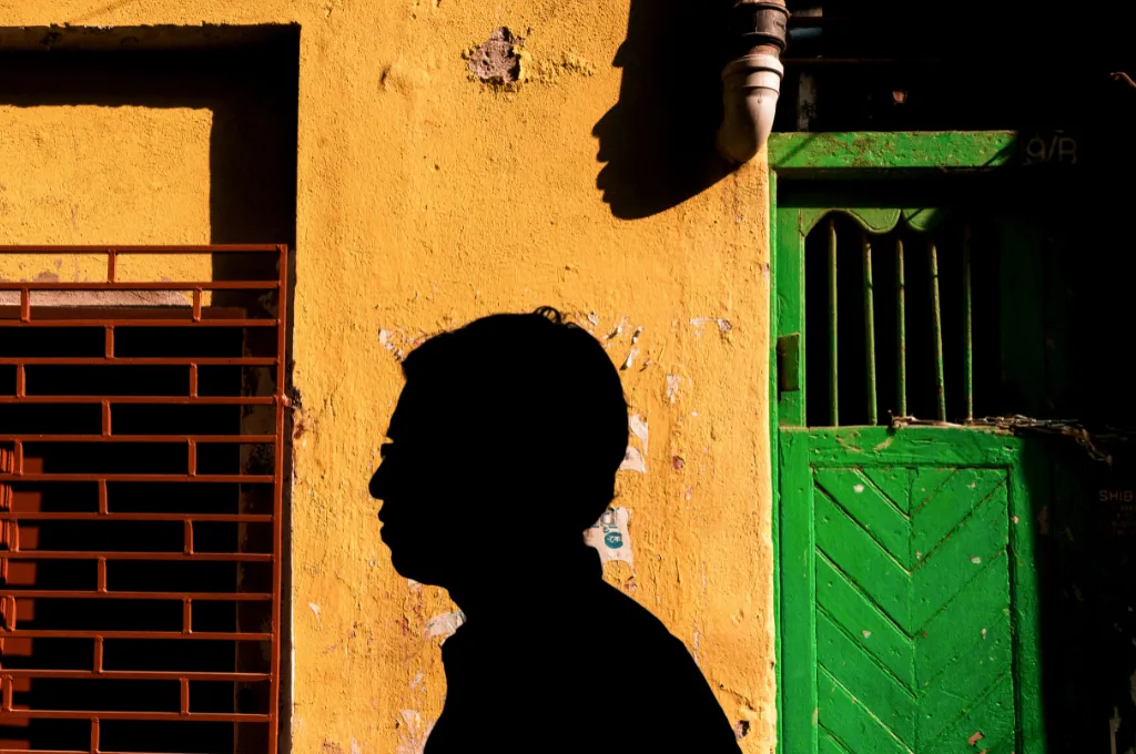 पीली दीवार और हरे दरवाज़े के सामने चलते हुए व्यक्ति की परछाईं का दृश्य_कॉन्फ्रेंस