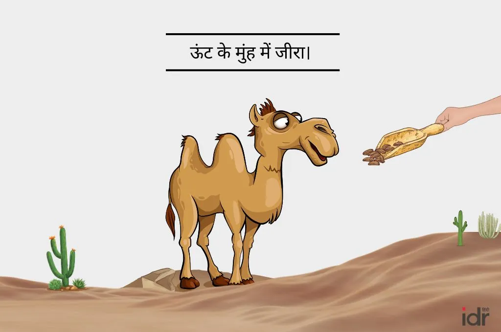 रेगिस्तान में ऊंट को जीरा खिलाते हुए, ऊंट के मुंह में जीरा कहावत का चित्रण_मुहावरे