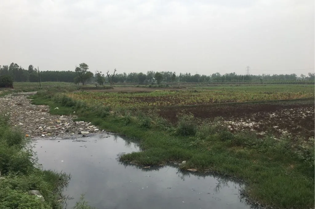 खेत के पास बहता गंदा नाला_औद्योगिक प्रदूषण