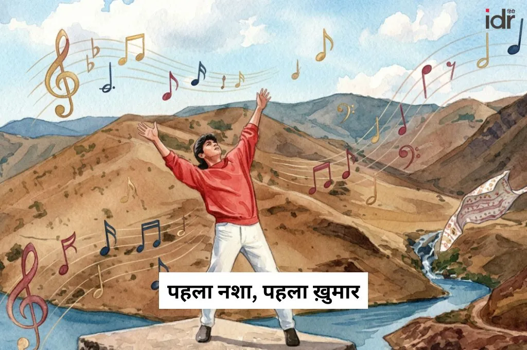 पहाड़ों पर संगीत में झूमते एक युवक की तस्वीर और साथ में संगीत के चिन्ह_फंडर