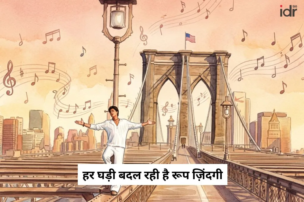 अमेरिका के झंडे लगे एक इमारत के सामने गीत गाते शाहरुख़ ख़ान का चित्र_फंडर