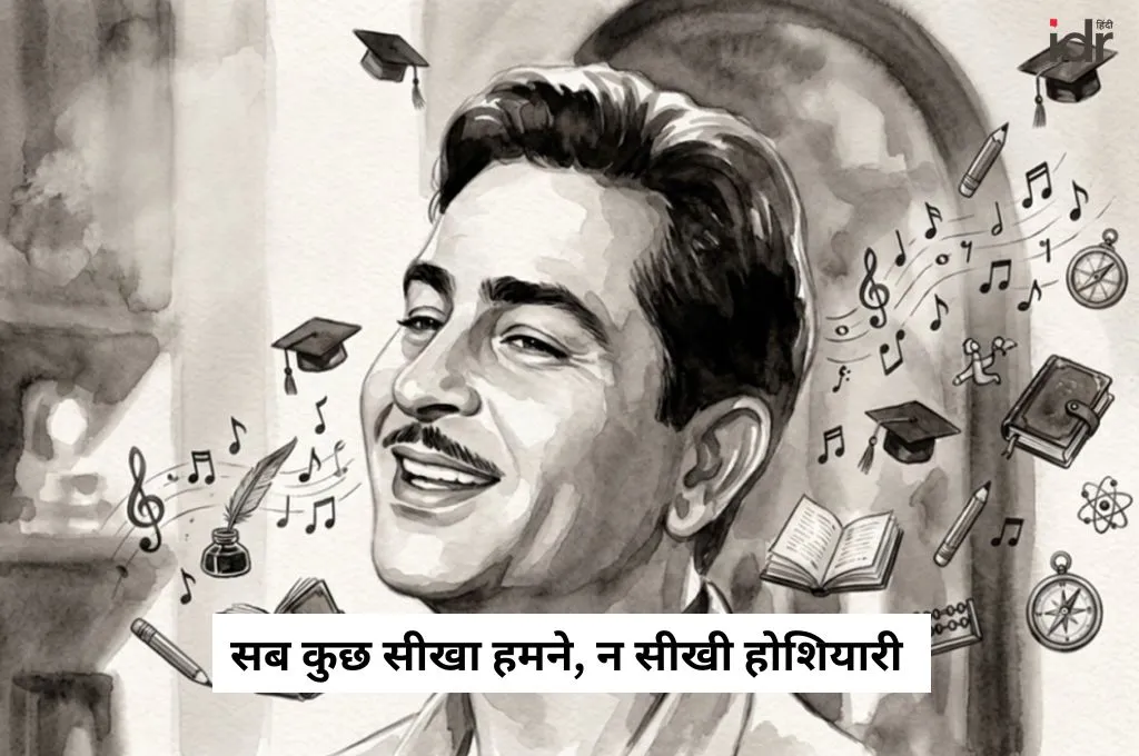गीत गाते हुए राज कपूर का एक चित्र और हवा में संगीत के उड़ते हुए चिन्ह_फंडर