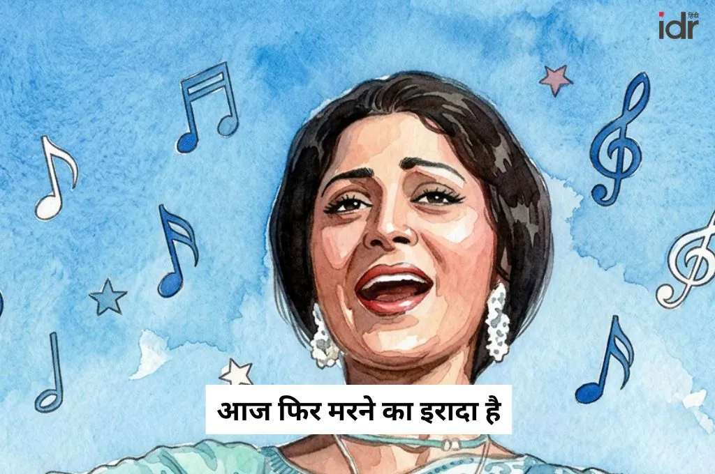 गीत गाते हुए वहीदा रहमान का चित्र और हवा में उड़ते संगीत के चिन्ह_फंडर
