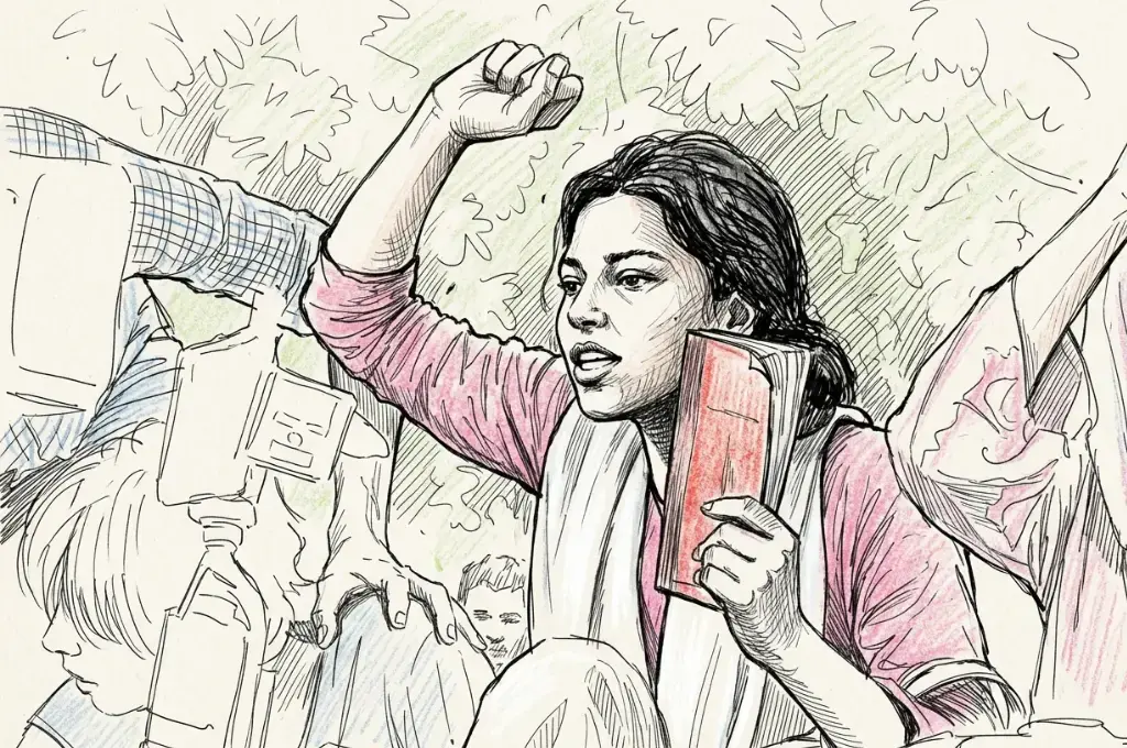 एक हाथ में किताब के साथ लड़की की तस्वीर_आंदोलन